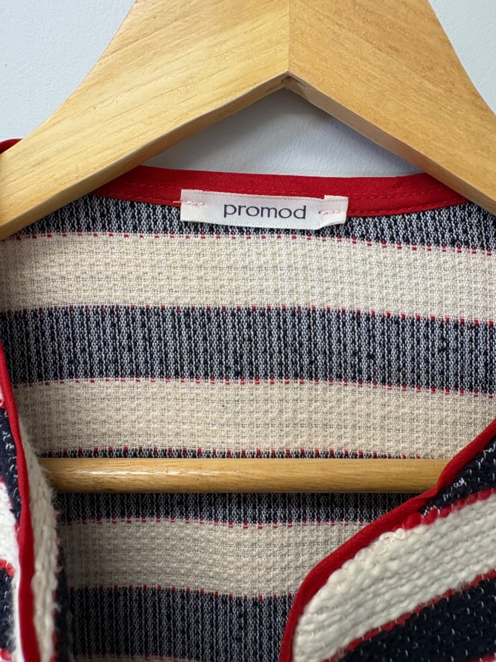 Promod Parisian Tweed Striped Knit Jacket | French Nautical Red Trim Blazer S - Picture 3 of 13